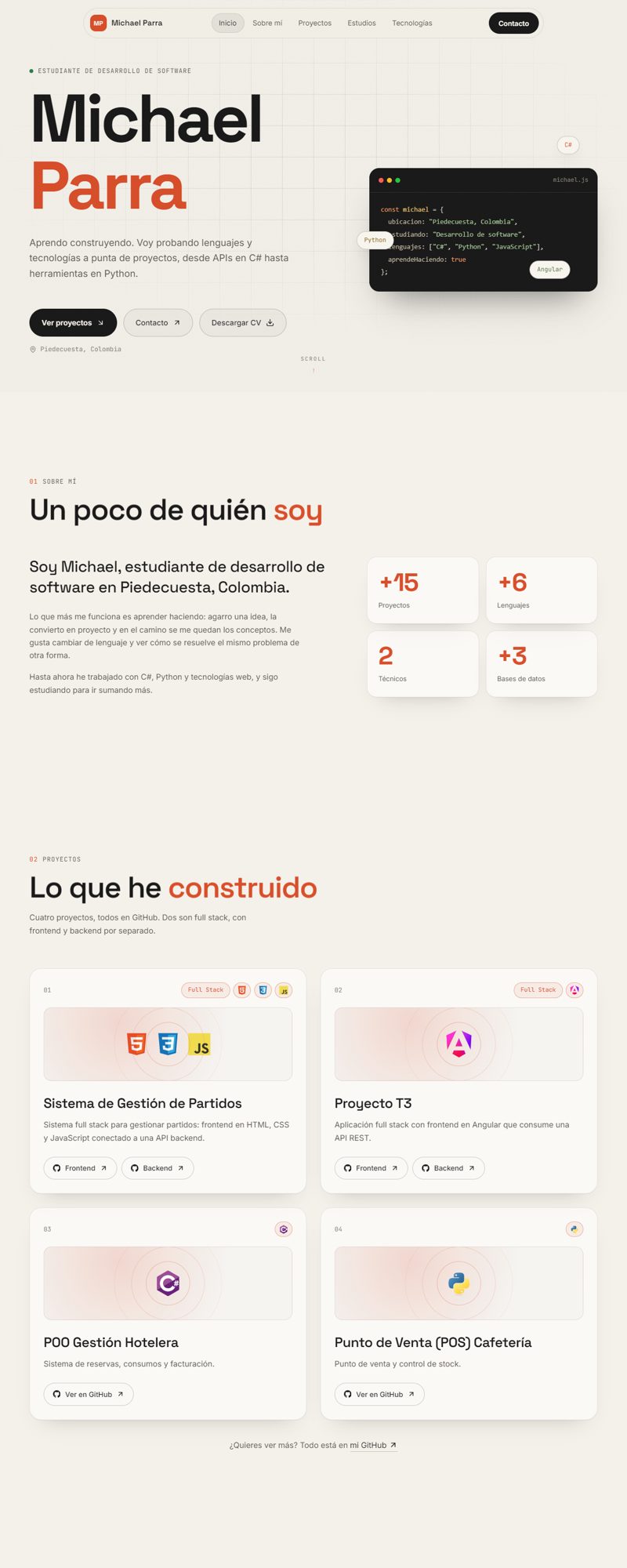 Vista del portafolio personal de Michael Parra